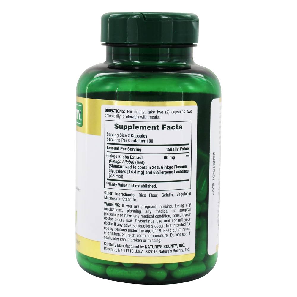 Ginkgo Biloba para função cerebral saudável e alerta mental 60 mg. - Cápsulas 200 Nature's Bounty - Imagem 2