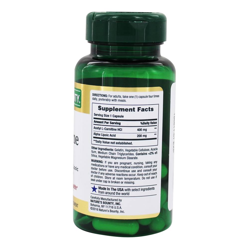 Acetil L-Carnitina HCl com Alpha Ácido lipóico para a saúde cerebral e antioxidante 400 mg. - Cápsulas 30 Nature's Bounty - Imagem 2