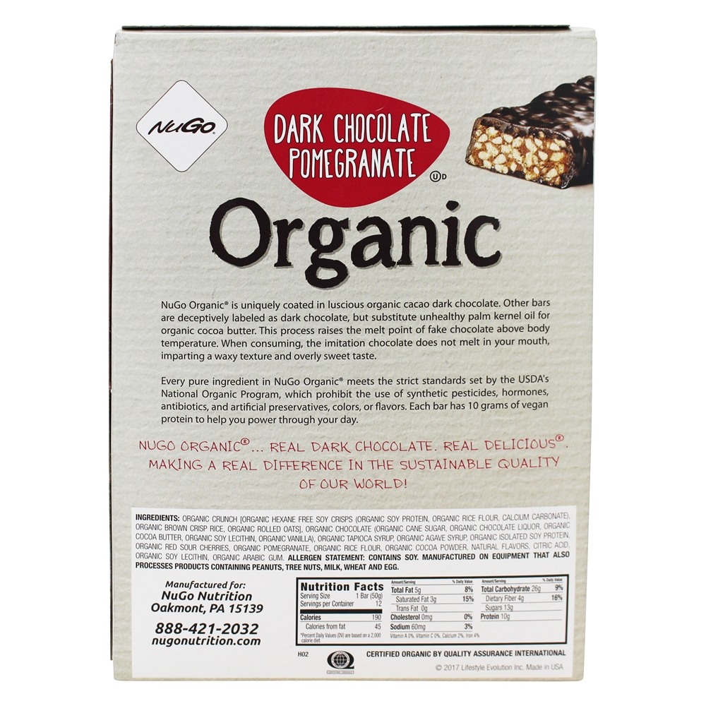 Caixa de barras de proteínas orgânicas Romã Chocolate escuro - 12 Barras NuGo Nutrition - Imagem 2