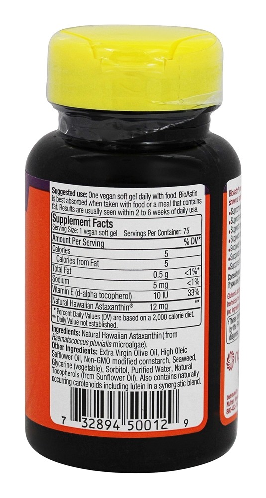 BioAstin Astaxantina Havaiana Vegana 12 mg. - 75 Cápsulas Vegetarianas Nutrex Hawaii - Imagem 2