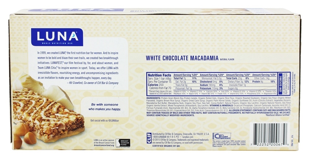 Caixa orgânica das barras da nutrição do Luna para a macadâmia branca do chocolate das mulheres - 15 Barras Clif Bar - Imagem 2