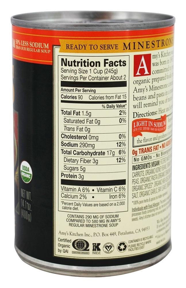 Minestrone de sopa de sódio baixo orgânico - 14.1 fl. oz. Amy's - Imagem 2