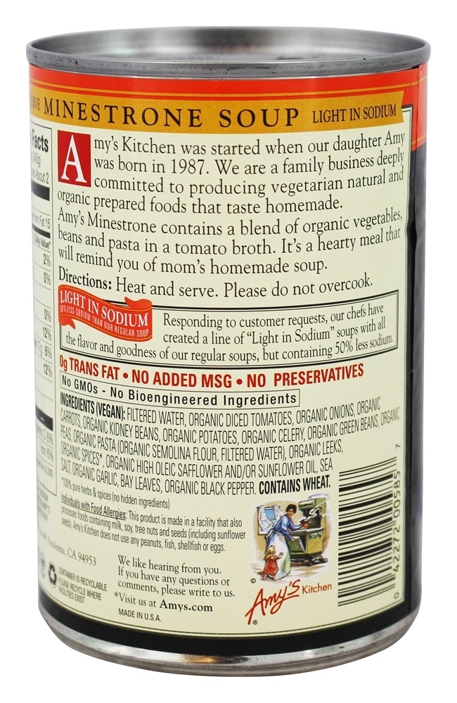 Minestrone de sopa de sódio baixo orgânico - 14.1 fl. oz. Amy's - Imagem 3