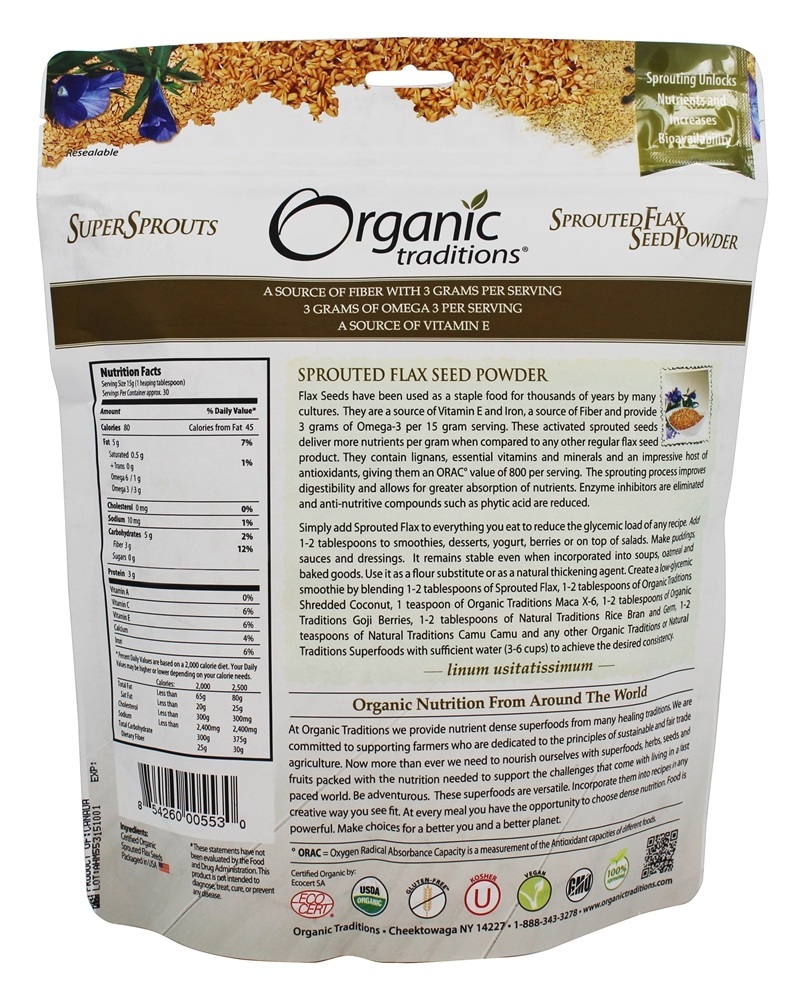 Pó de semente de linho brotado - 16 oz. Organic Traditions - Imagem 2