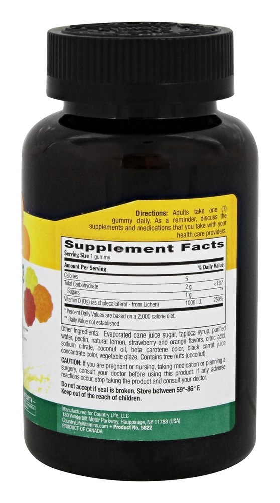 Vitamina D3 Vegan Gommies Limão, Morango e Laranja 1000 IU - 60 Gummies Country Life - Imagem 2