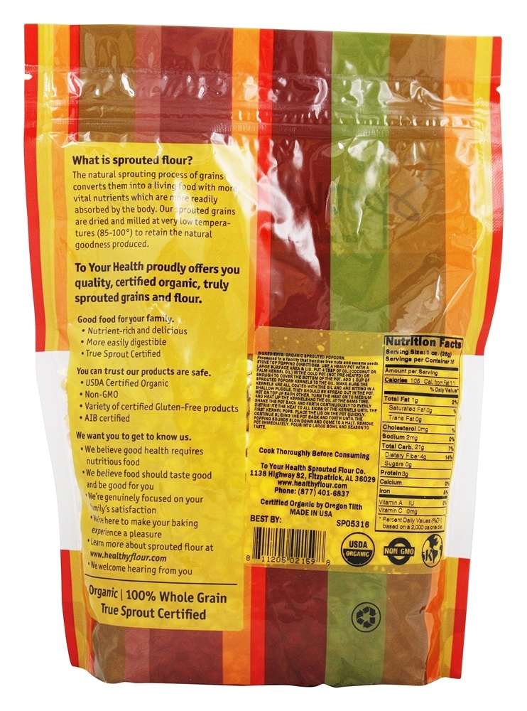 Pipoca Brotada Sem Glúten Orgânica - 16 oz. To Your Health - Imagem 2