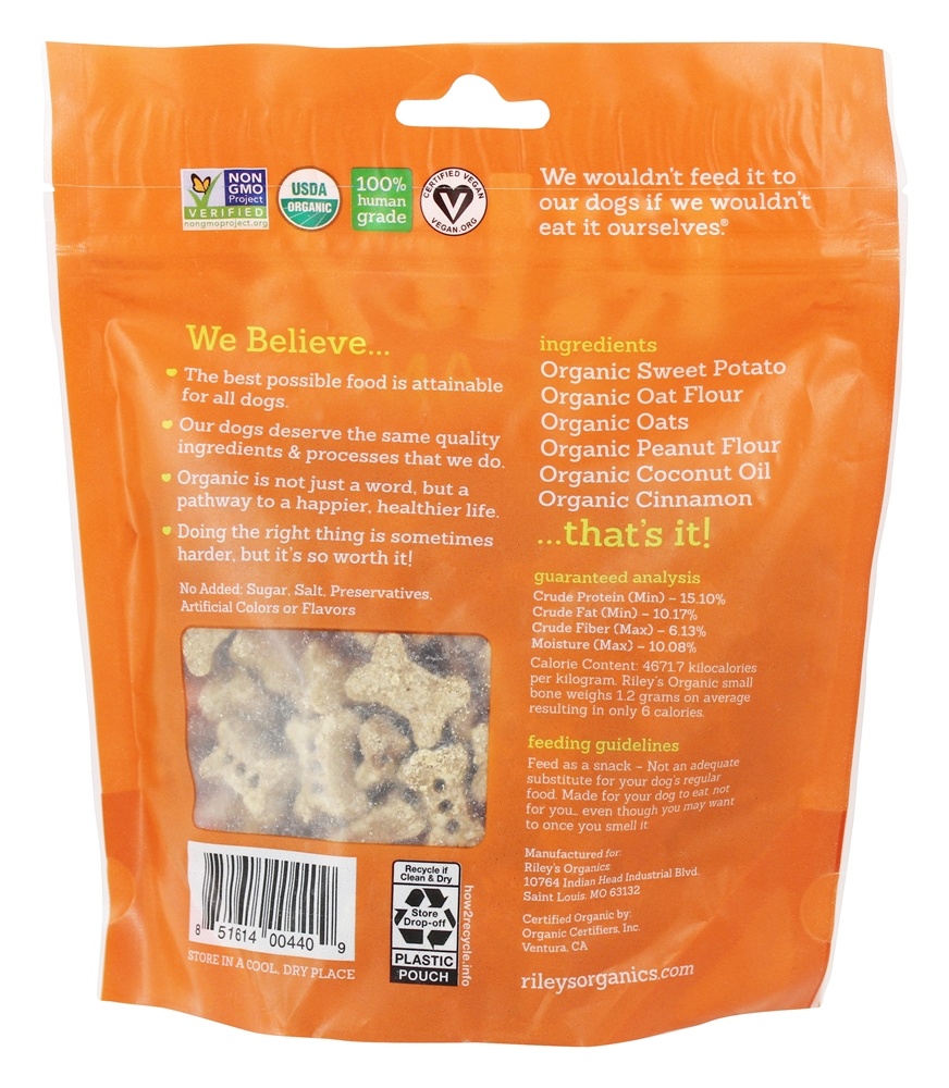 O cão pequeno orgânico do osso trata a receita da batata doce - 5 oz. Riley's Organics - Imagem 2