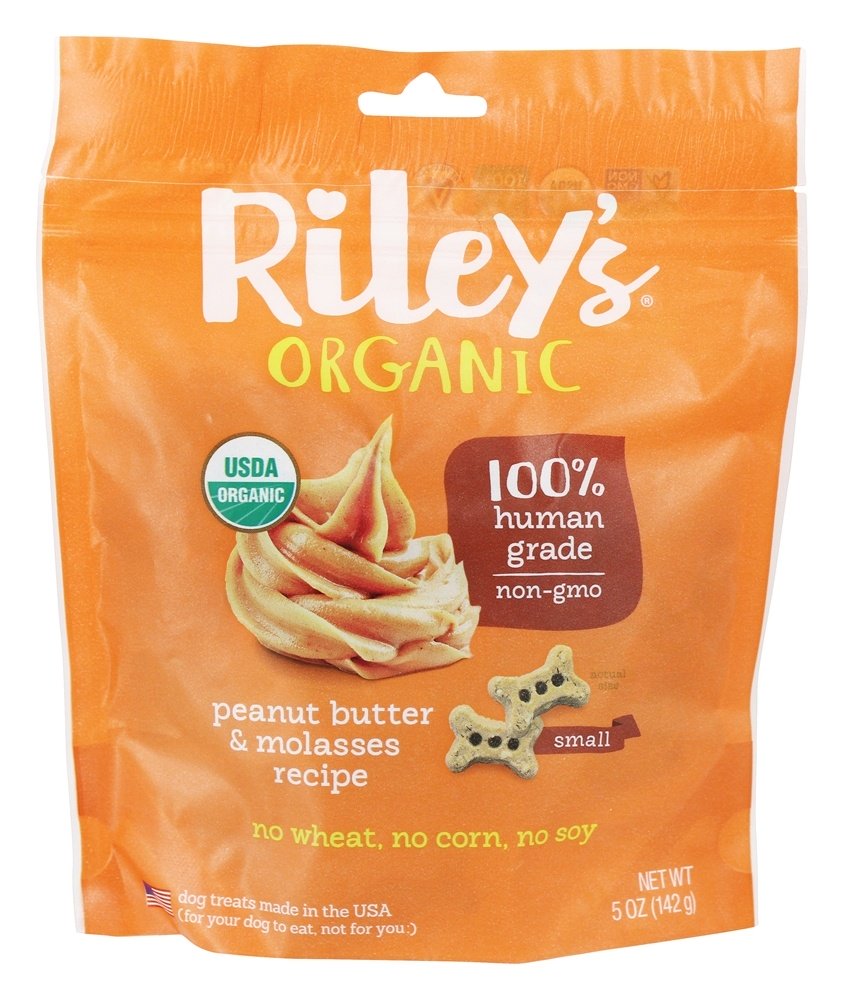 O cão de osso pequeno orgânico trata a manteiga de amendoim e a receita de melaço - 5 oz. Riley's Organics