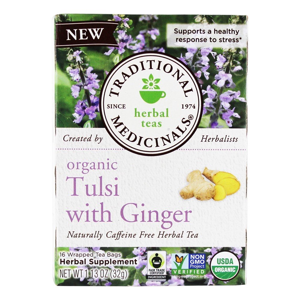 Tulsi Orgânica Com Chá De Ervas De Gengibre - 16 Saquinhos de Chá Traditional Medicinals