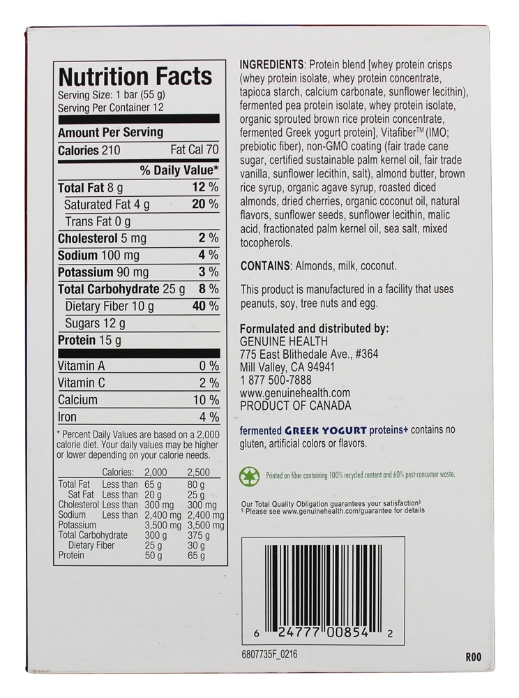 Fermentado Grego Iogurte Proteínas+ Bar Cereja Amêndoa Baunilha - 12 Barras Genuine Health - Imagem 2
