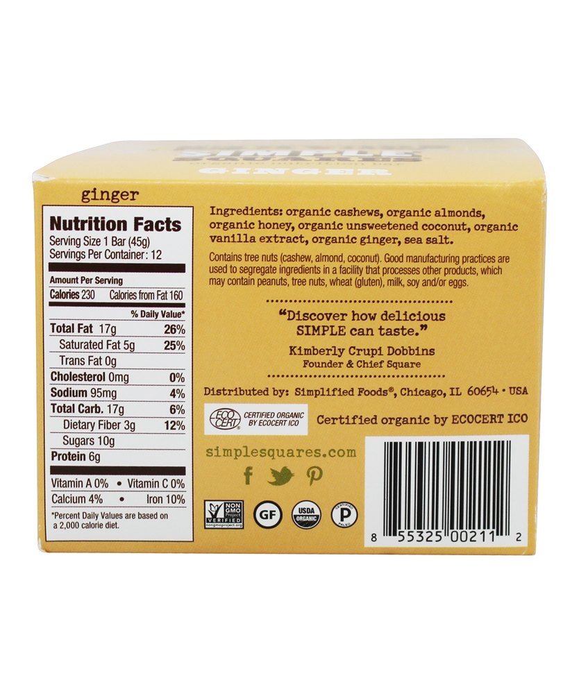 Nutrição Orgânica Sem Glúten e Mel Nutrição Bares Box Gengibre - 12 Barras Simple Squares - Imagem 3