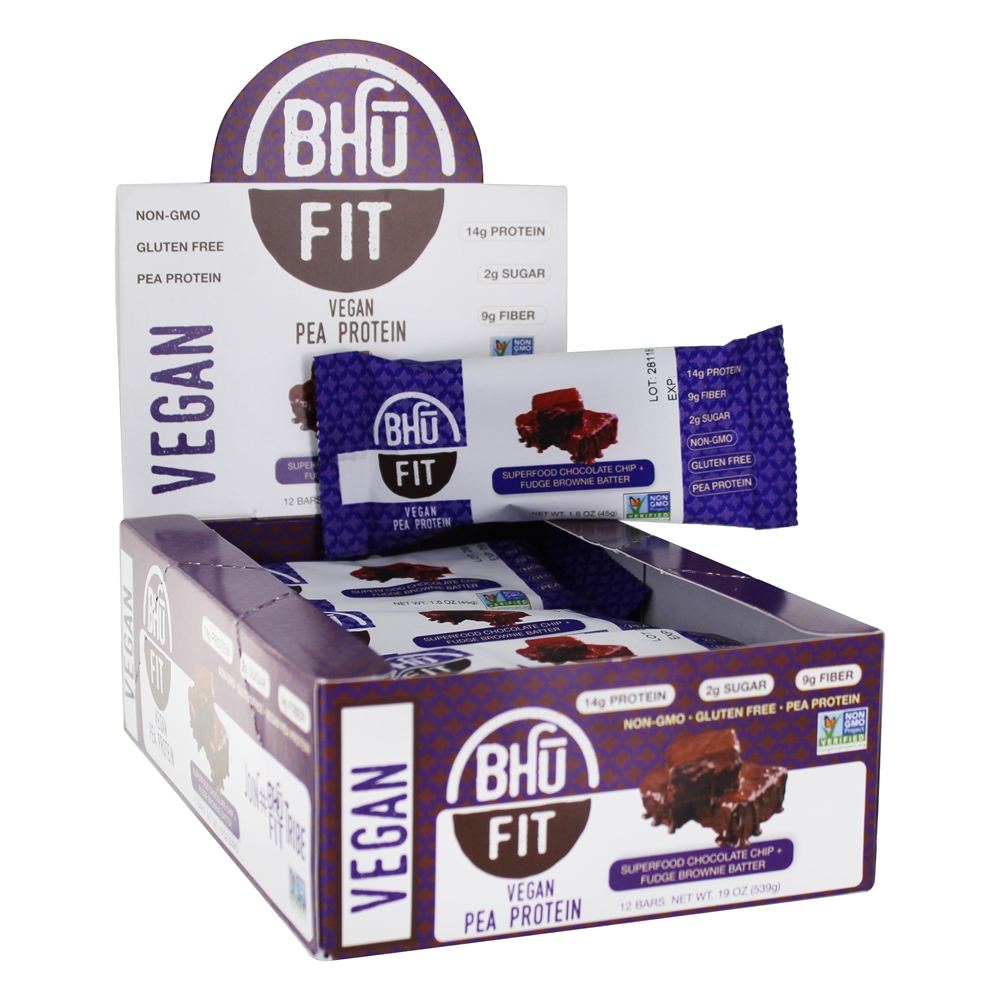 Proteína Vegan Pea Superfood Chocolate Chip + Fudge Brownie Batter - 12 Barras Bhu Fit