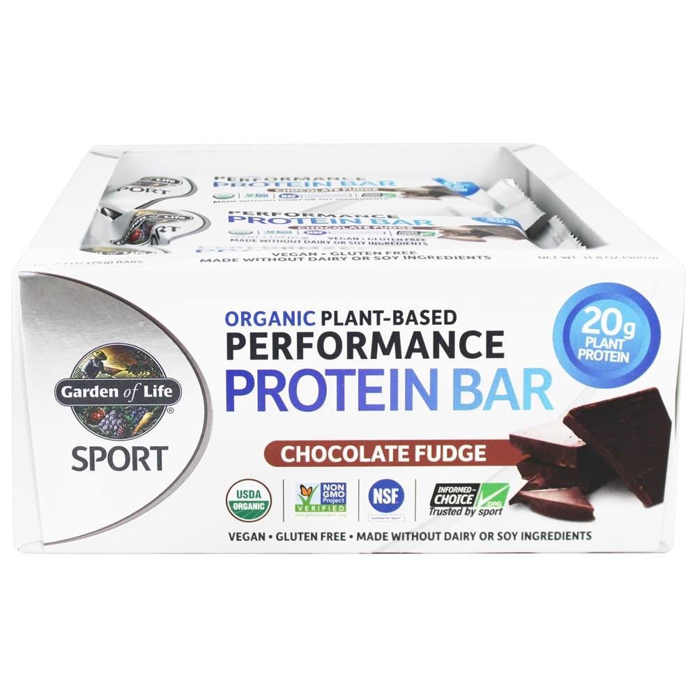 Esporte Proteínas de Proteínas de Desempenho Orgânico à Base de Plantas Fudge de Chocolate - 12 Barras Garden of Life
