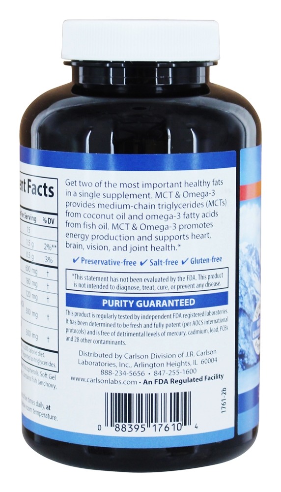 MCT e Omega 3 com óleo de coco - 120 Softgels Carlson Labs - Imagem 3