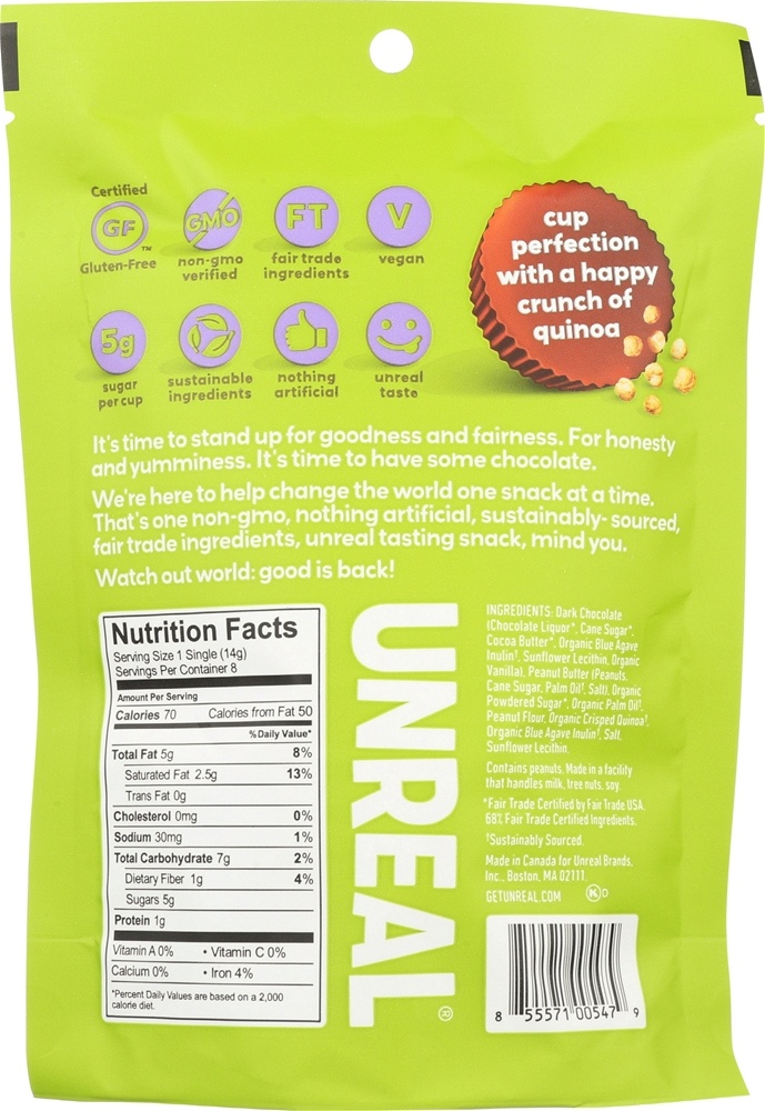 Copos de manteiga de amendoim crocante chocolate escuro Quinoa - 4 oz. Unreal - Imagem 2