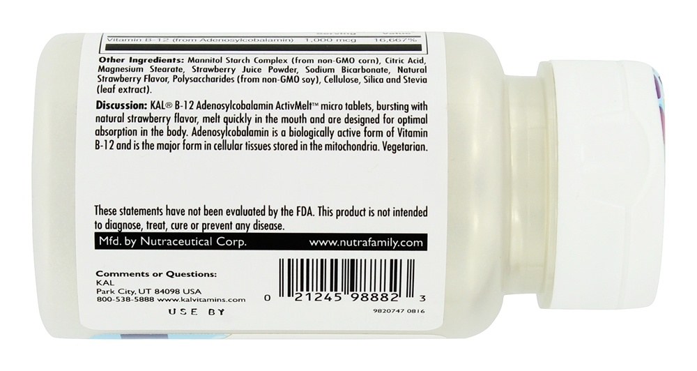 Vitamina B12 Adenosilcobalamin ActivMelt Morango 1000 mcg. - 90 Tablets Kal - Imagem 3