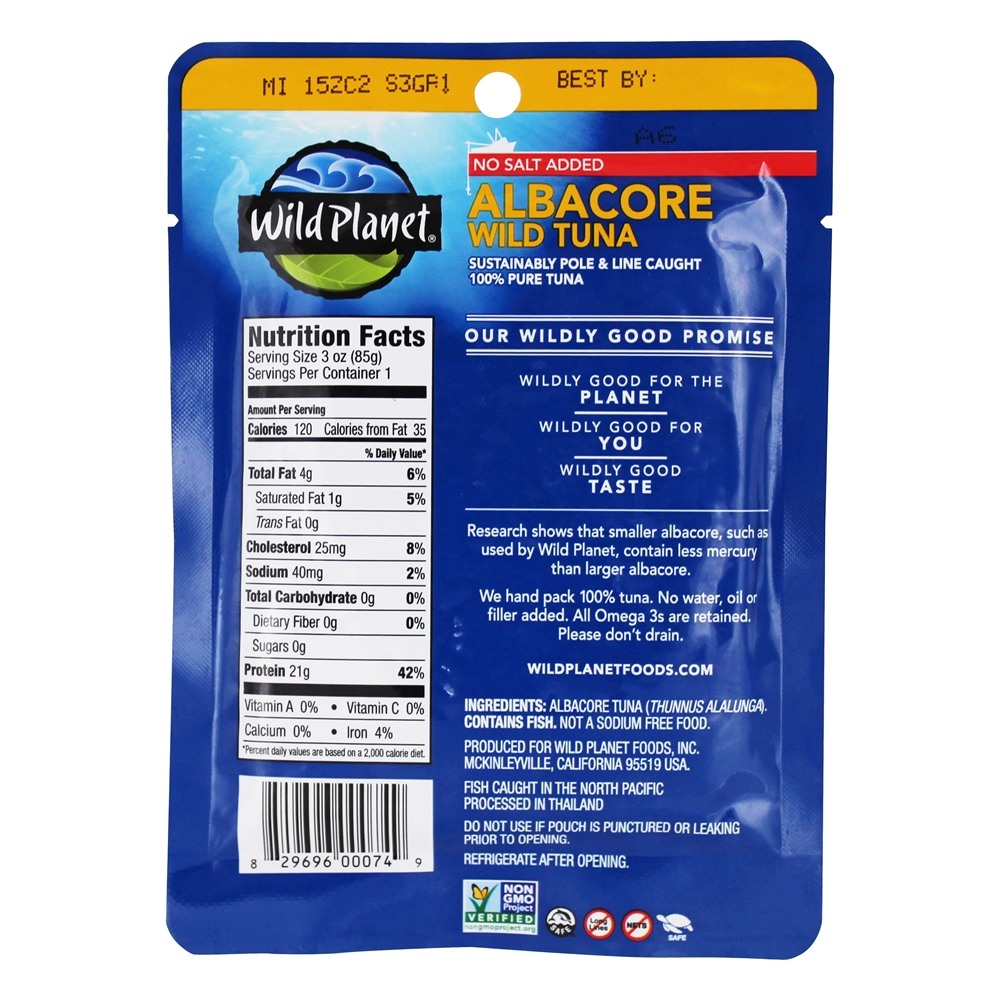 Selvagem Atum branco Atum Bolsa Não Sal Adicionado - 3 oz. Wild Planet - Imagem 2