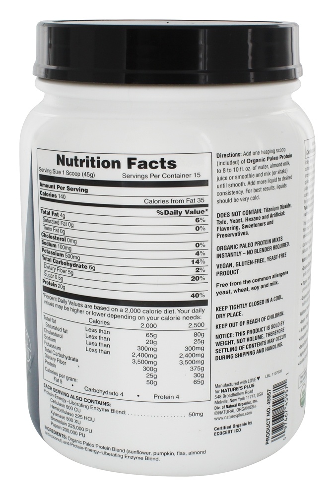 Pó de energia de alta proteína orgânica Paleo - 1.49 lbs. Natures Plus - Imagem 2