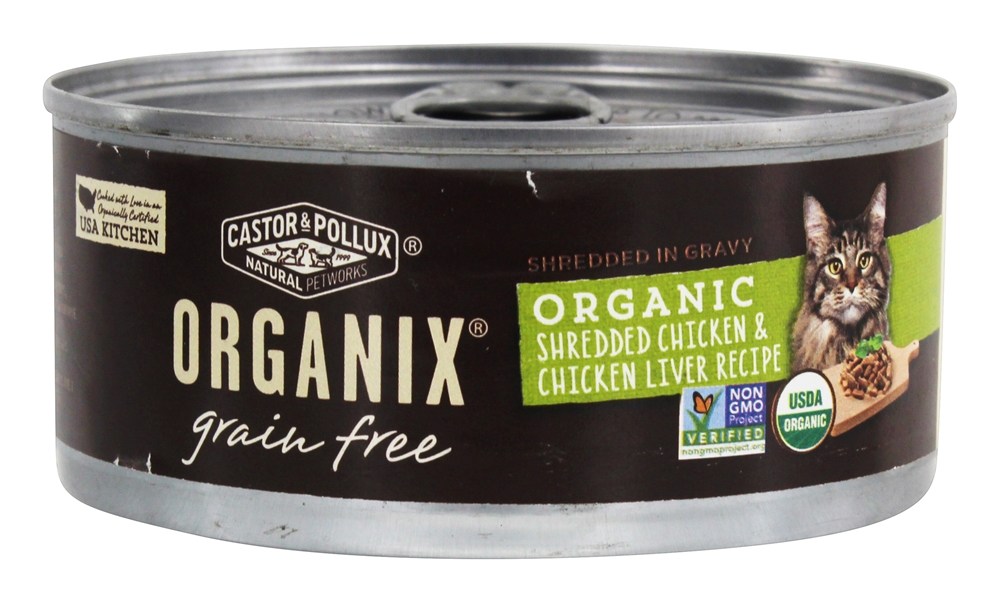 Organix Comida de gato enlatada sem grãos Comida de frango desfiada orgânica & fígado de galinha - 5.5 oz. Castor & Pollux