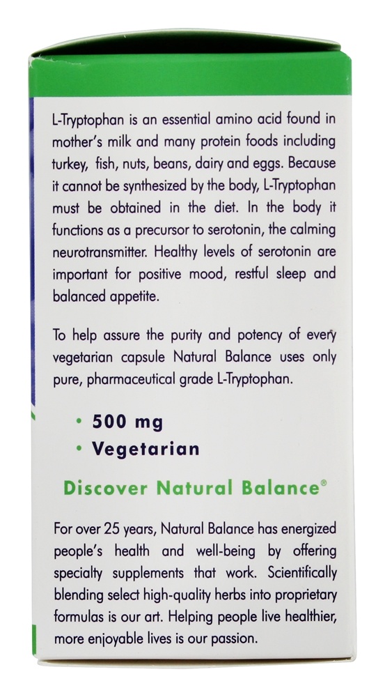 Grau Farmacêutico de L-Triptofano 500 mg. - Cápsulas vegetarianas 60 Natural Balance - Imagem 4