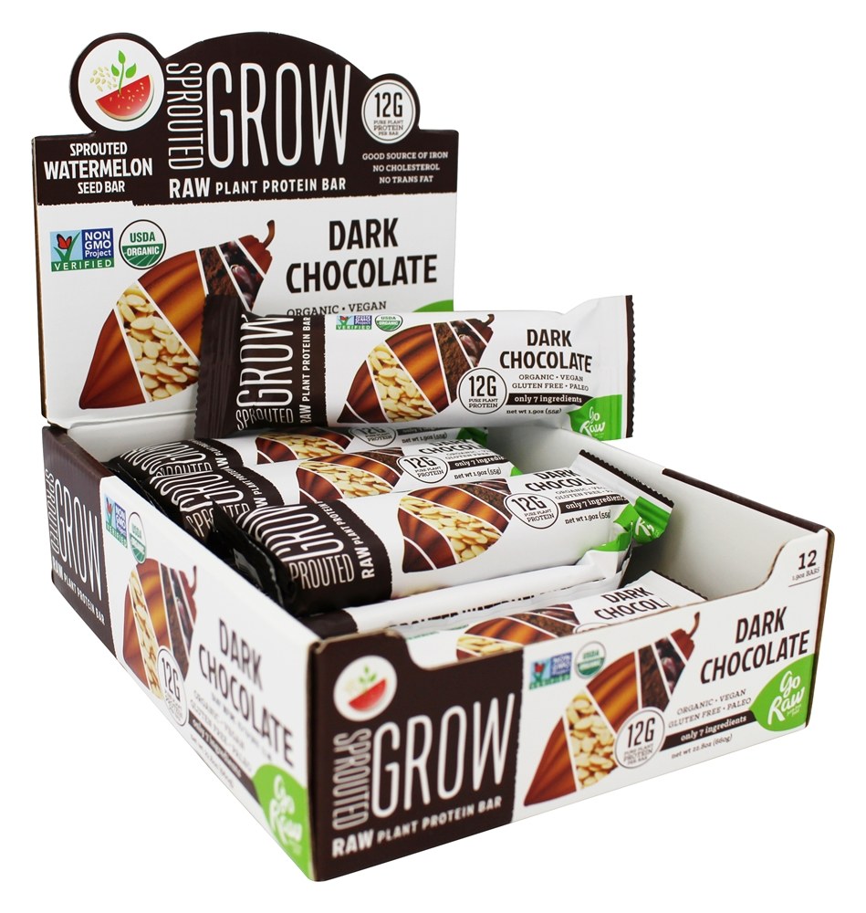 Barras Orgânicas de Proteína Vegetal Brotadas Chocolate Escuro - 12 Barras Go Raw