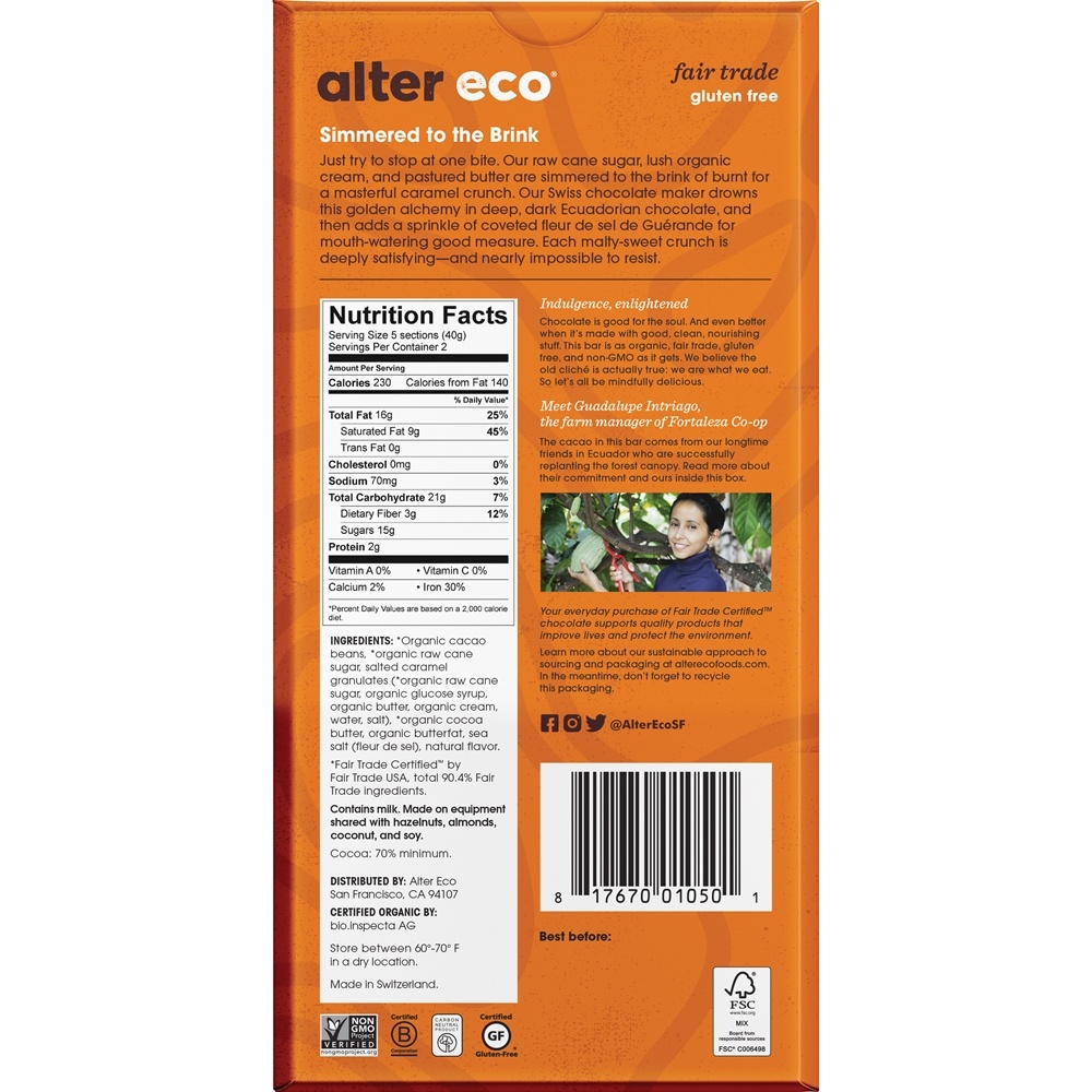 Chocolate Salgado Escuro Orgânico 70 % Cacau Caramelo Queimado - 2.82 oz. Alter Eco - Imagem 2