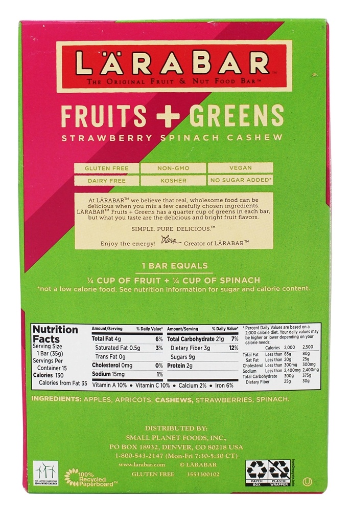 Original Fruit & Nut Bares Frutas + Verduras Morango Espinafre Caju - 15 Barras Larabar - Imagem 2