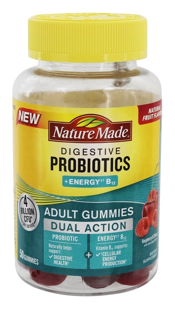 Probióticos Digestivos de Dupla Ação + Energia B12 Sabor Framboesa & Cereja 4 Bilhões de UFC - 50 Gummies Nature Made