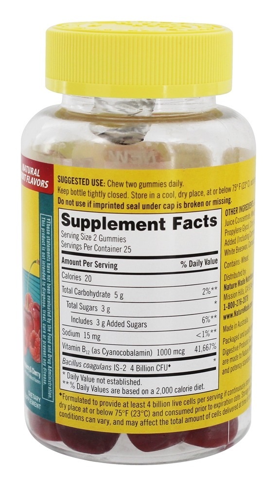 Probióticos Digestivos de Dupla Ação + Energia B12 Sabor Framboesa & Cereja 4 Bilhões de UFC - 50 Gummies Nature Made - Imagem 2