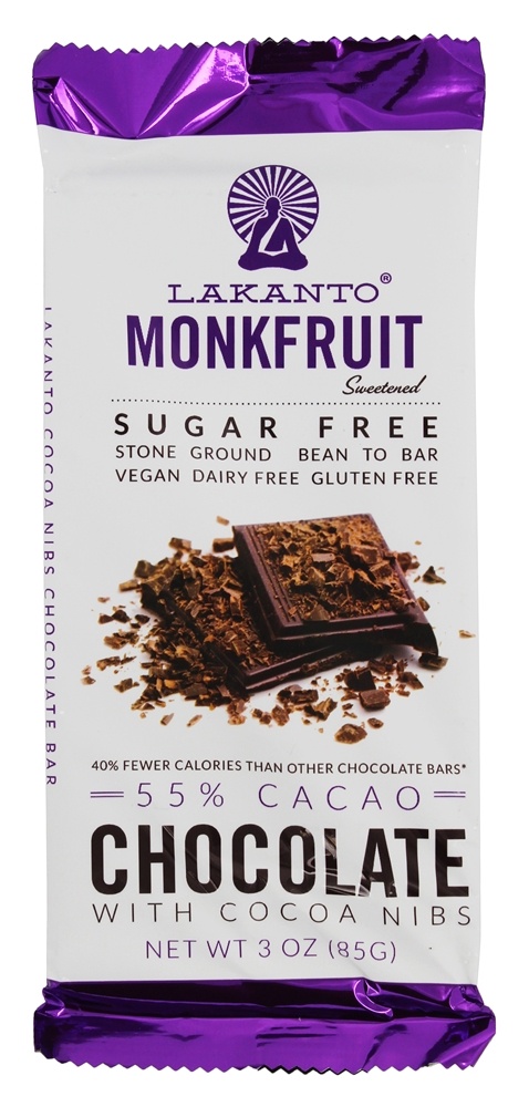 Monkfruit Adoçado Chocolate Bar Com Cacau Nibs - 3 oz. Lakanto