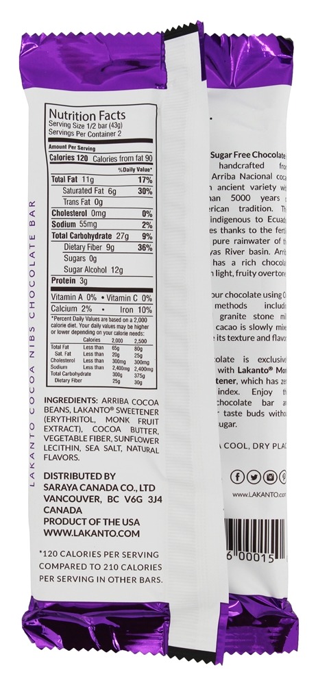 Monkfruit Adoçado Chocolate Bar Com Cacau Nibs - 3 oz. Lakanto - Imagem 2