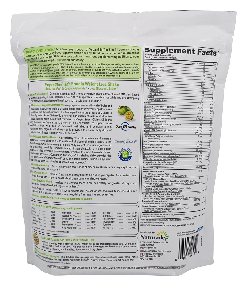 VeganSlim alta proteína perda de peso Shake Chocolate - 25.7 oz. Naturade - Imagem 2