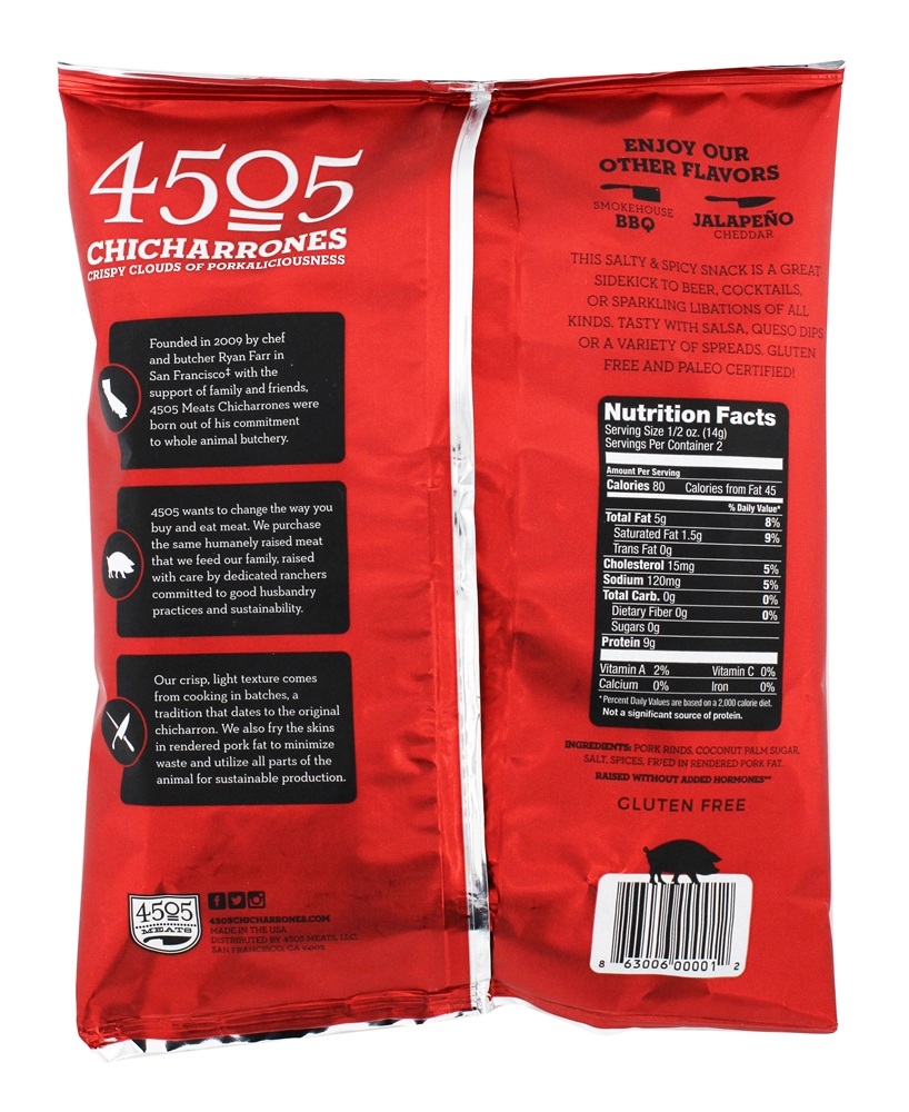 Chicharron Frito Carne de porco Rinds Clássico Pimenta & Sal - 1 oz. 4505 Meats - Imagem 2