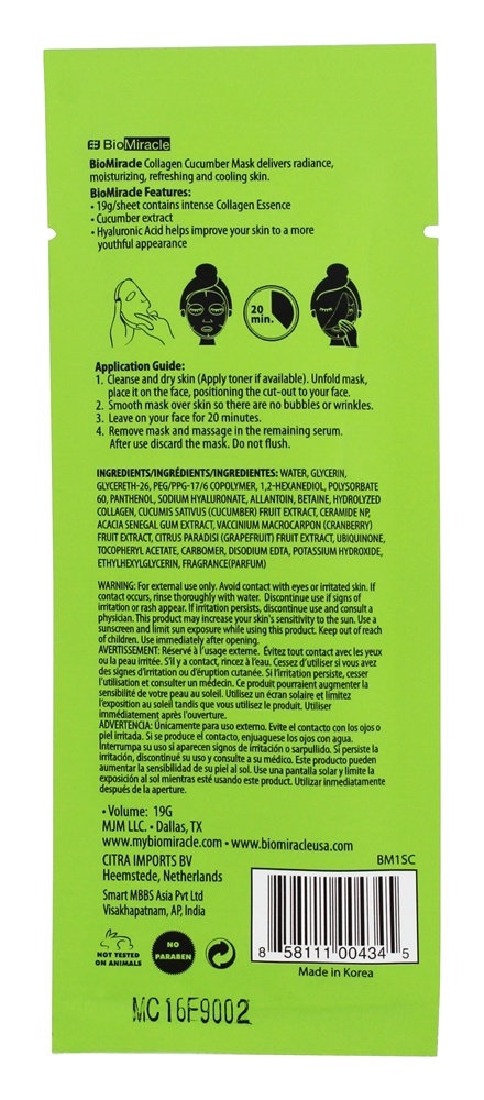A máscara facial coreana original do pepino do colagénio com ácido hialurónico - 0.67 oz. BioMiracle - Imagem 2
