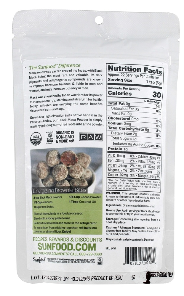 Pó De Maca Preto Orgânico Cru - 0.4 oz. Sunfood Superfoods - Imagem 2