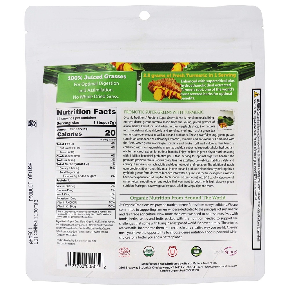 Verdes Super Probiotic com cúrcuma - 3.5 oz. Organic Traditions - Imagem 2