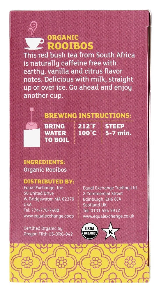 Rooibos livre da cafeína grande erval da chávena da mudança dos fazendeiros pequenos orgânicos - 20 Saquinhos de Chá Equal Exchange - Imagem 2