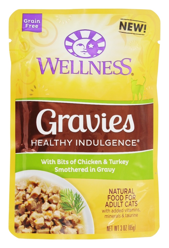Grão Livre Gravies Saudável Indulgência Adulto Gato Comida Frango & Peru Sufocada em Molho de carne - 3 oz. Wellness Pet