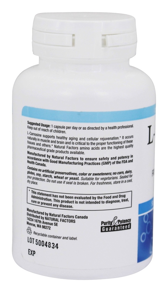 Aminoácido de Forma Livre de L-Carnosina 500 mg. - Cápsulas vegetarianas 60 Natural Factors - Imagem 3