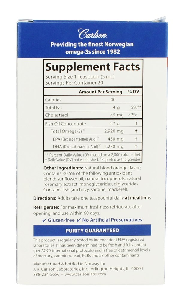 Elite DHA Concentrado de óleo de peixe norueguês Sabor de laranja natural 2270 mg. - 3.3 fl. oz. Carlson Labs - Imagem 2