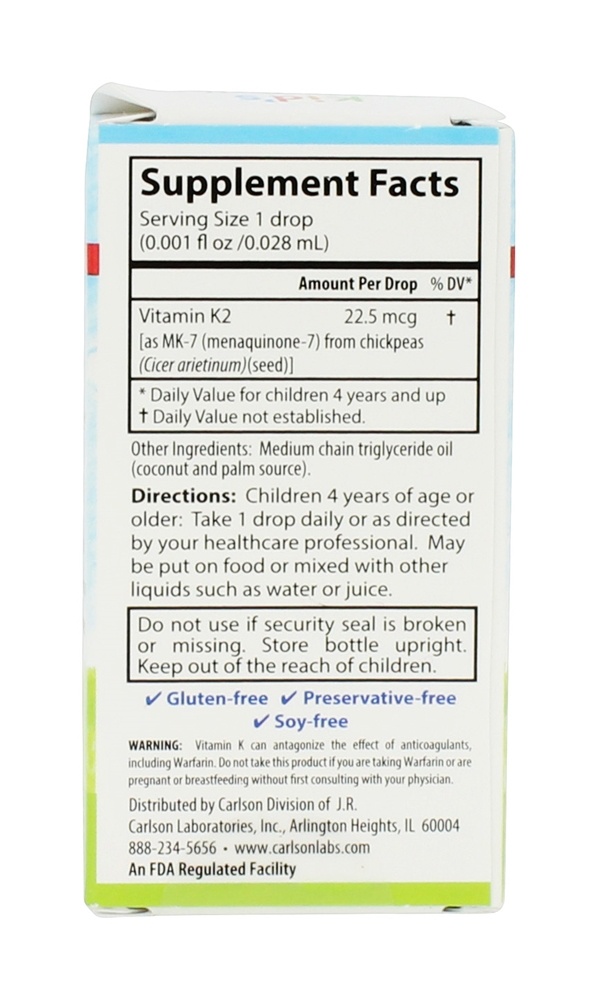 Miúdo Super Diário K2 Líquido para Saudável Ossos 22.5 mcg. - 0.34 fl. oz. Carlson Labs - Imagem 2