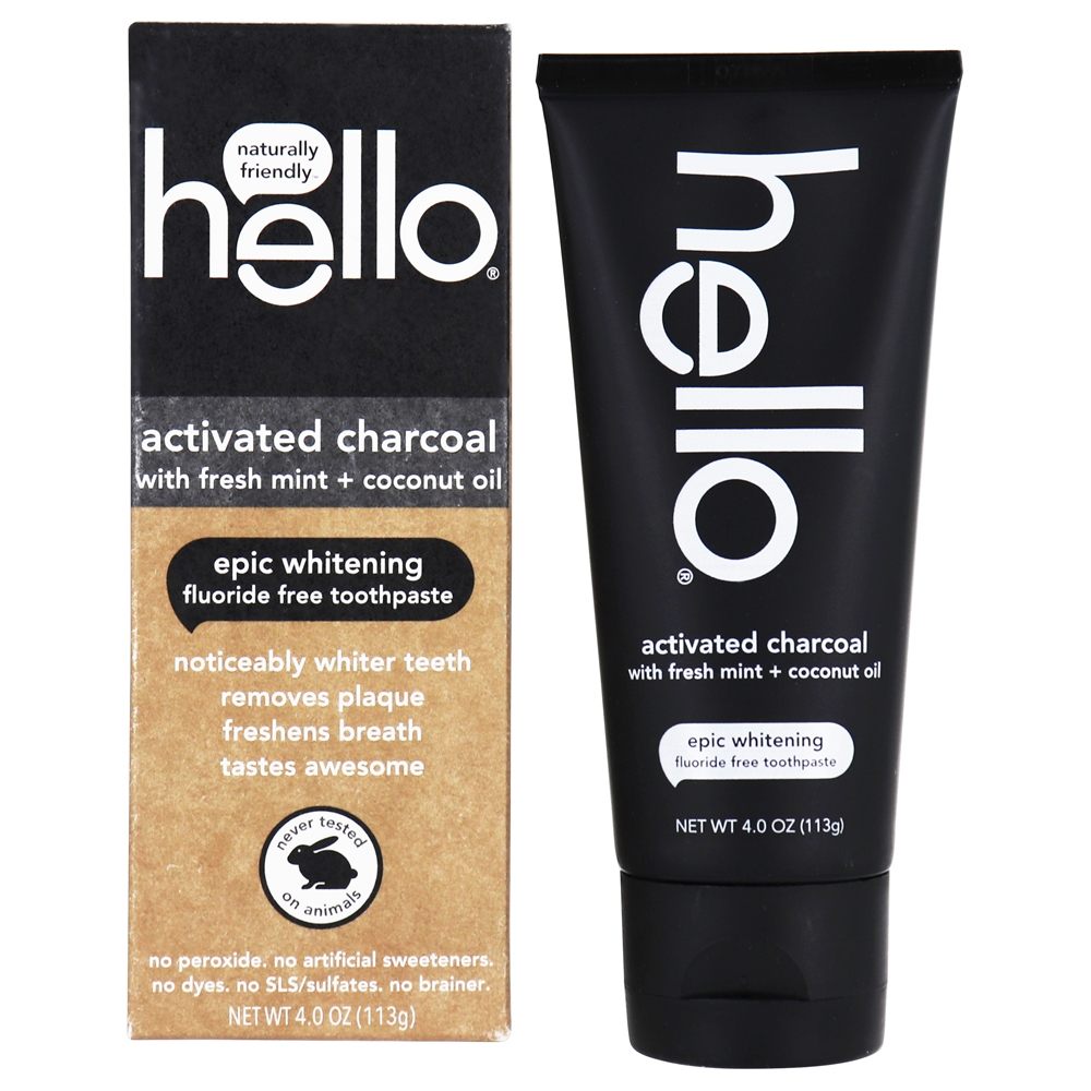 Creme Dental Branqueador de Carvão Ativado Com Menta & Óleo de Coco Sem Flúor - 4 oz. Hello Products