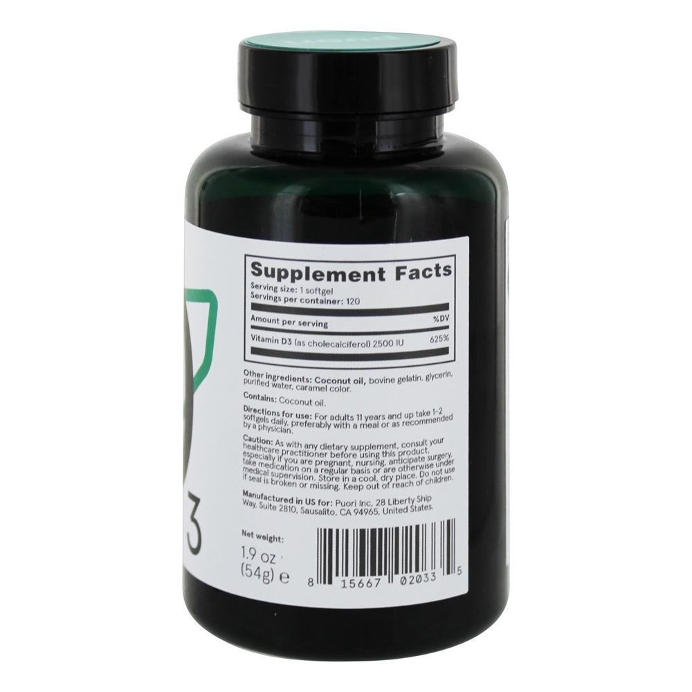 Vitamina D3 com Óleo de Coco Prensado a Frio 2500 UI - 120 Softgels Puori - Imagem 2