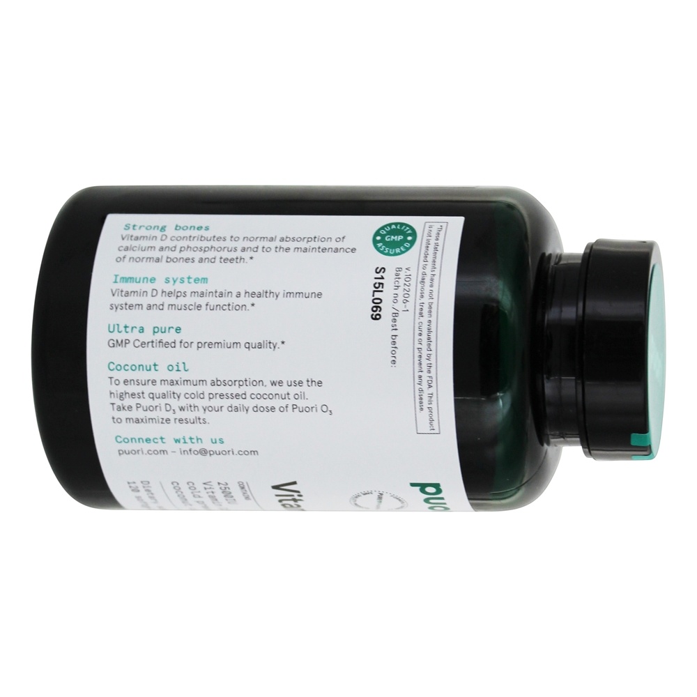 Vitamina D3 com Óleo de Coco Prensado a Frio 2500 UI - 120 Softgels Puori - Imagem 3