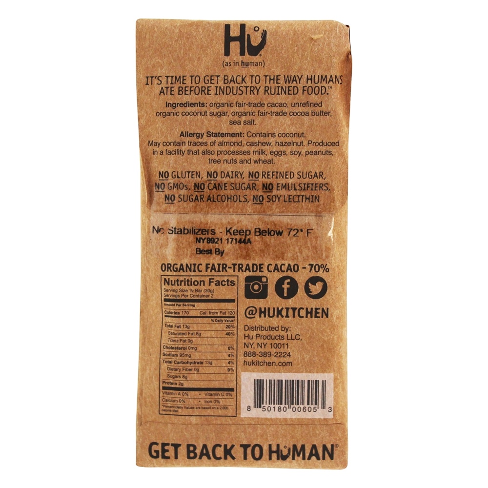 Barra de chocolate escuro orgânica salgada - 2.1 oz. Hu - Imagem 2