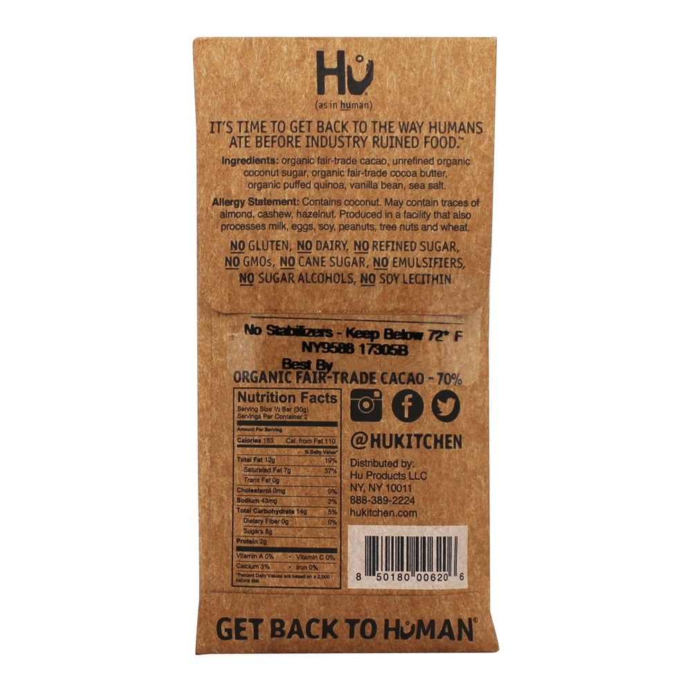 Barra de chocolate escuro orgânica Quinoa de baunilha Qrispy - 2.1 oz. Hu - Imagem 2