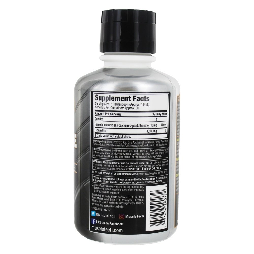 Platinum 100 % L-Carnitina 1500 Série essencial da fórmula pós-treino 30 Porções Citrus Splash - 16 oz. Muscletech Products - Imagem 2