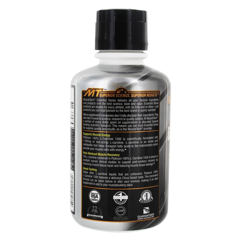 Platinum 100 % L-Carnitina 1500 Série essencial da fórmula pós-treino 30 Porções Citrus Splash - 16 oz. Muscletech Products - Imagem 3