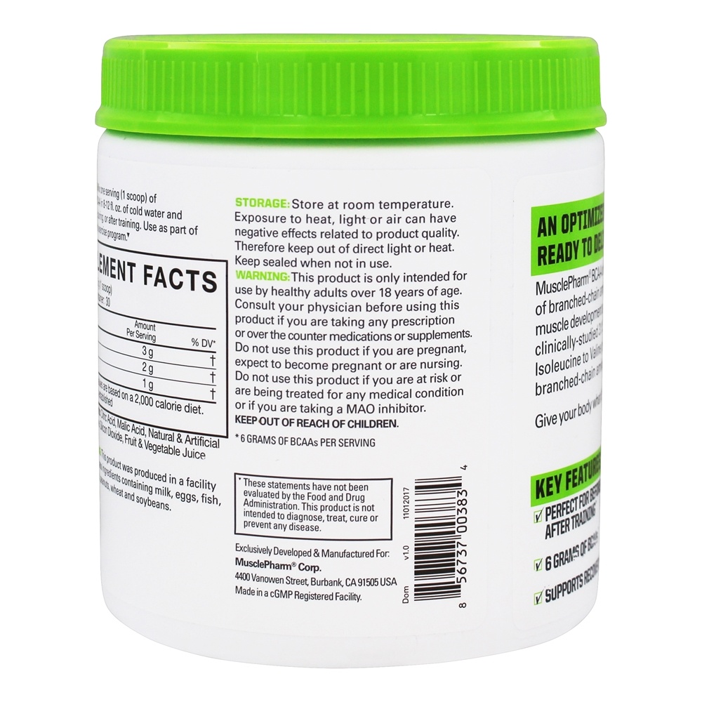 BCAA Fundamentos Otimizado Ramificou-Cadeia Amino ácidos Pó 30 Porções Azul Framboesa - 225 Gramas Muscle Pharm - Imagem 3