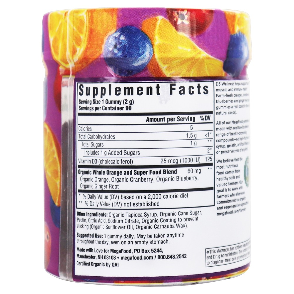 Vitamina D3 Bem-Estar Óssea, Músculo e Imune Health Support Fruta Mista 1000 IU - 90 Gummies MegaFood - Imagem 2